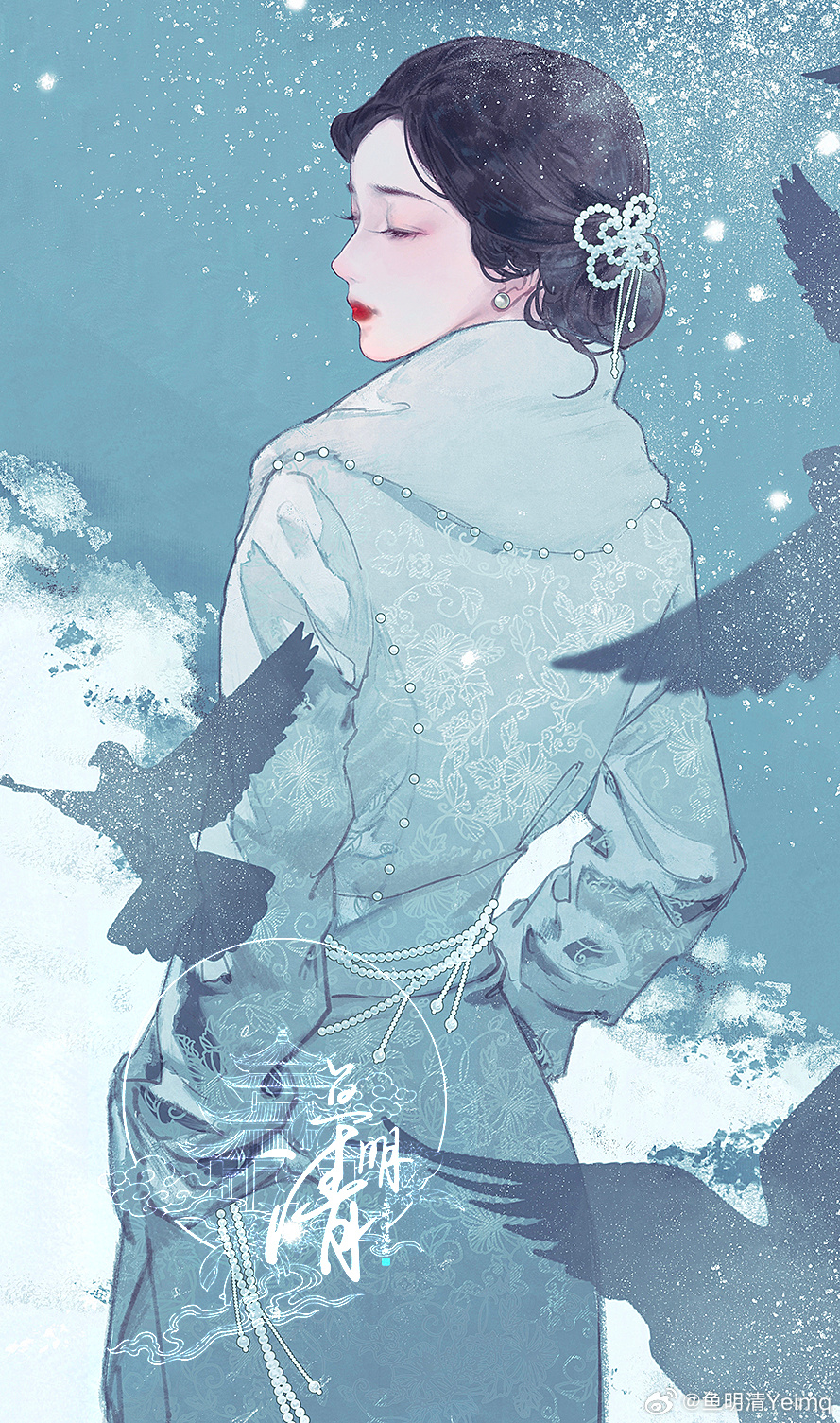 1girl, bird, black_hair, blue_coat, blue_theme, body_jewelry, chinese_commentary, closed_eyes, coat, cowboy_shot, earrings, eyelashes, fashion, floral_print_coat, from_behind, gem, hair_bun, hands_in_pockets, highres, jewelry, long_sleeves, original, pale_skin, pearl_(gemstone), pearl_earrings, pearl_hair_ornament, procreate_(medium), profile, red_lips, single_hair_bun, snowing, solo, winter, winter_clothes, yu_mingqing_yeimq