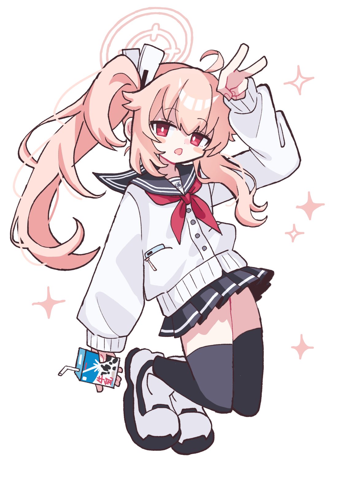1girl, ahoge, arm_up, asymmetrical_sidelocks, black_sailor_collar, black_skirt, black_thighhighs, blue_archive, blush_stickers, bow, cardigan, commentary_request, drink, full_body, furiba_794, hair_between_eyes, hair_bow, halo, highres, holding, holding_drink, holding_juice_box, juice_box, jumping, long_hair, long_sidelocks, long_sleeves, looking_at_viewer, natsu_(blue_archive), neckerchief, open_mouth, phone_in_pocket, pink_halo, pleated_skirt, ponytail, red_eyes, red_neckerchief, sailor_collar, school_emblem, shoes, sidelocks, simple_background, skirt, sneakers, solo, sparkle, thigh-highs, v, white_background, white_cardigan, white_footwear