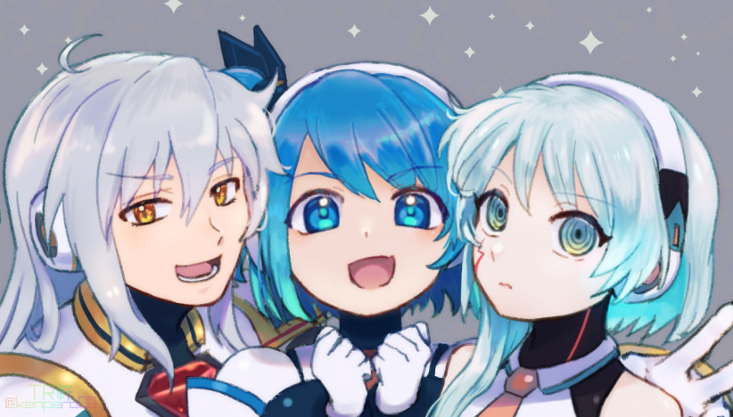1boy, 2girls, blue_eyes, blue_hair, grey_background, grey_hair, ico_(megaman_x_dive), light_blue_hair