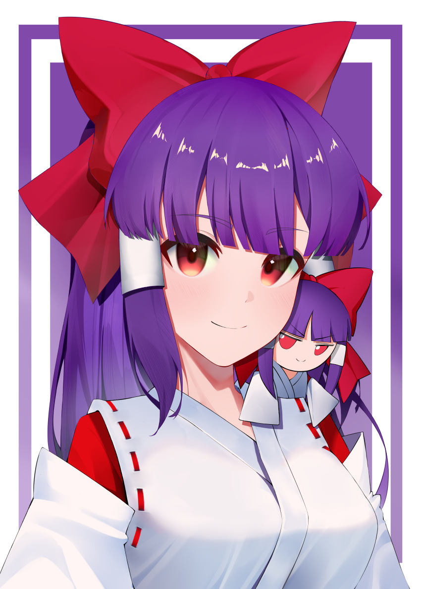 absurdres, bow, detached_sleeves, gohei, hair_bow, hair_tubes, hakama, hakurei_reimu, hakurei_reimu_(pc-98), hat, highres, japanese_clothes, kimono, kisaragi_pepper, long_hair, long_sleeves, miko, purple_hair, red_bow, ribbon, skirt, smile, touhou, touhou_(pc-98), violet_eyes, wide_sleeves