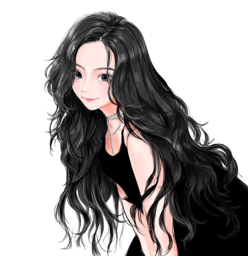 1girl, absurdres, black_dress, black_hair, closed_mouth, commentary_request, dress, eyelashes