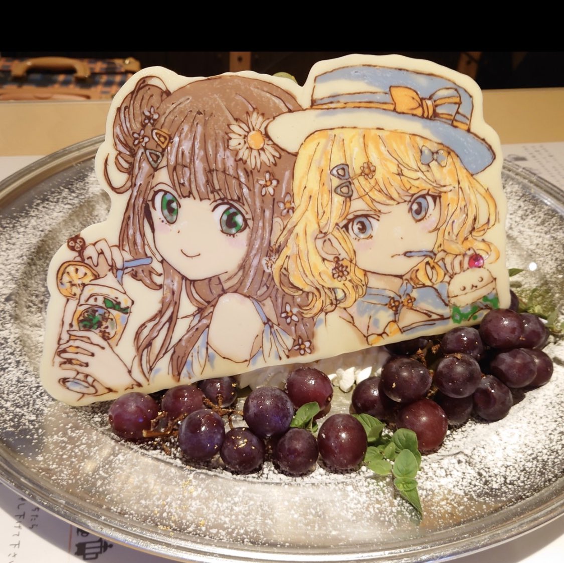 2girls, alternate_eye_color, belcorno, blonde_hair, blue_eyes, blunt_bangs, bow, breasts, brown_hair, cherry, commentary_request, daisy, derivative_work, dot_nose, drink, drinking_straw, earrings, flat_chest, flower, food, food_request, from_side, fruit, furrowed_brow, gochuumon_wa_usagi_desu_ka?, green_eyes, hair_bow, hair_flower, hair_ornament, hairclip, hat, hat_bow, holding, holding_drink, holding_drinking_straw, jewelry, kirima_syaro, koi_(koisan)_(style), lemon, light_blush, long_hair, looking_at_viewer, medium_breasts, medium_hair, multiple_girls, multiple_hair_clips, official_alternate_costume, official_alternate_hairstyle, photo_(medium), sidelocks, simple_background, smile, ujimatsu_chiya, upper_body, wavy_mouth