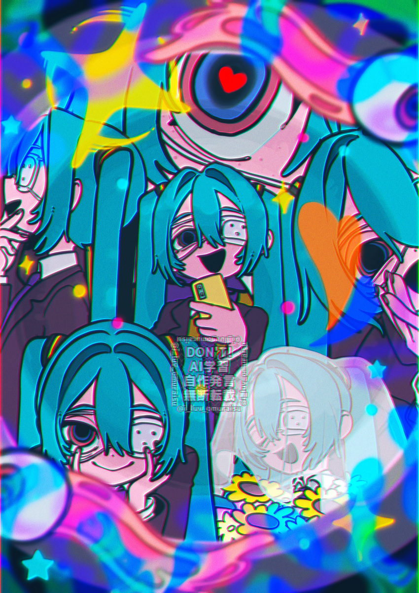 1girl, absurdres, blue_eyes, blue_hair, bouquet, bridal_veil, cellphone, closed_eyes, colorful, eyepatch, hand_up, hatsune_miku, heart, heart-shaped_pupils, highres, holding, holding_bouquet, holding_phone, long_hair, medical_eyepatch, monitoring_(vocaloid), multiple_views, open_mouth, phone, ringed_eyes, sidelocks, smartphone, smile, sparkle, symbol-shaped_pupils, tadano_tajima, veil, very_long_hair, violet_eyes, vocaloid