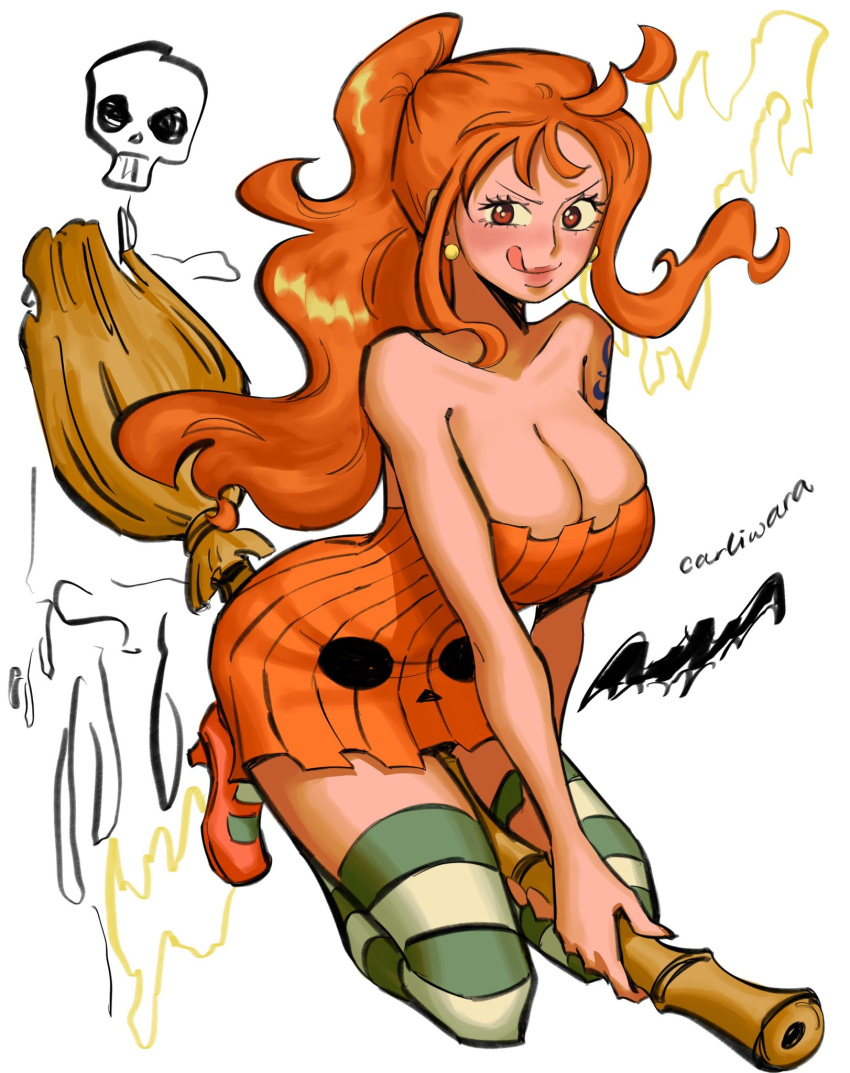 1girl, breasts, broom, broom_riding, brown_eyes, carli_(carliwara), doodle_background, dress