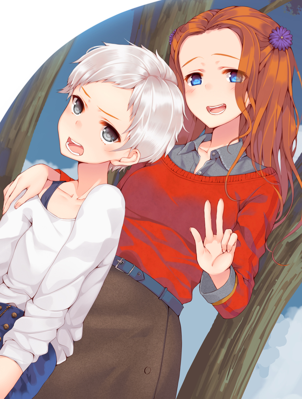 2girls, :d, arms_at_sides, back-to-back, belt, blue_background, blue_eyes, blush