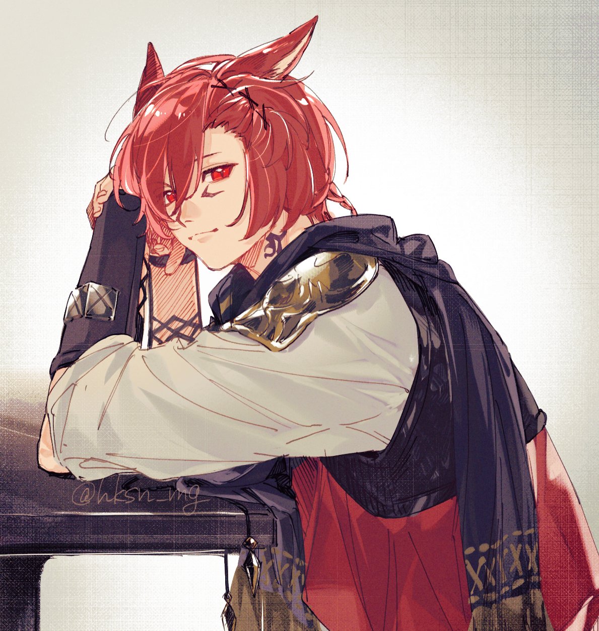 1boy, animal_ears, archon_mark, black_scarf, bracer, cat_boy, cat_ears, commentary
