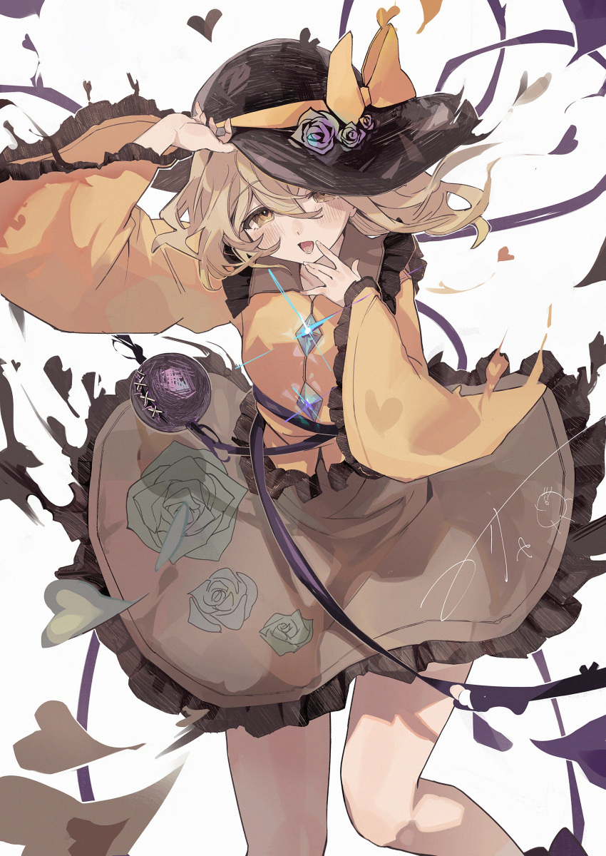 1girl, absurdres, arm_up, black_hat, blouse, blush, bow, brown_skirt