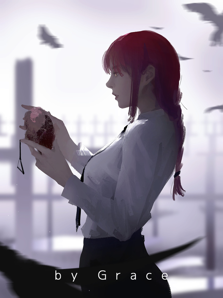1girl, absurdres, artist_name, bird, black_necktie, black_pants, braid, chainsaw_man