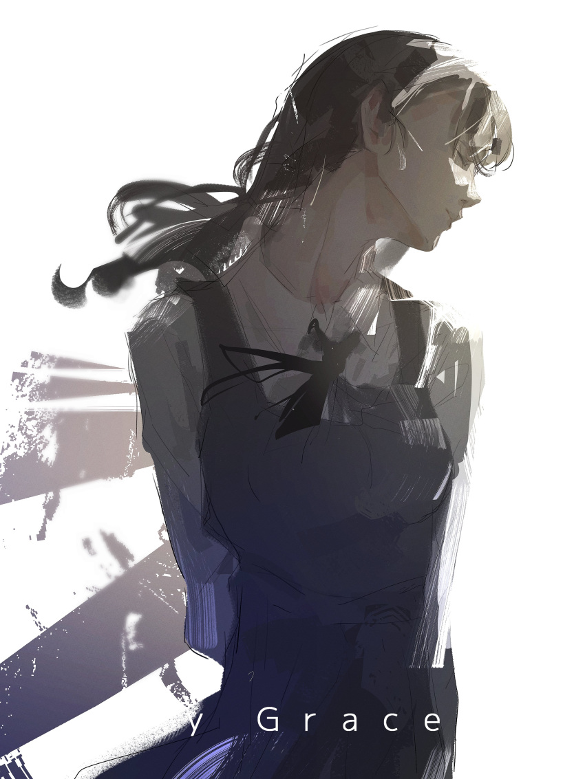 1girl, absurdres, arms_behind_back, artist_name, black_dress, black_hair, black_ribbon, chainsaw_man