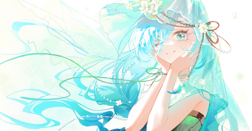 1girl, 37_(happy_bird_catcher)_(reverse:1999), 37_(reverse:1999), ;), aqua_eyes, blue_hair, dress, floating_hair