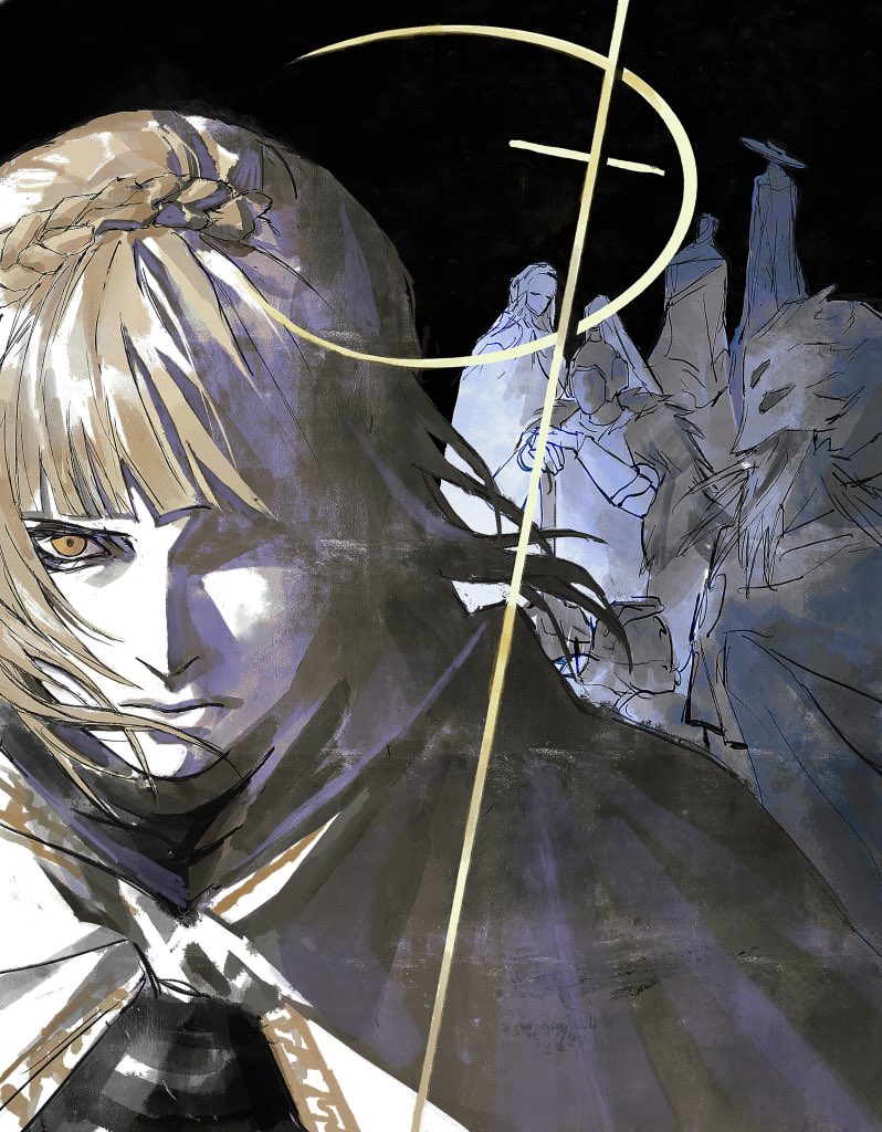 2girls, 5boys, armor, armor_under_clothes, black_background, blonde_hair, blunt_bangs, bonley, braid, cloak, commentary_request, crown_braid, dryleaf_dane, elden_ring, elden_ring:_shadow_of_the_erdtree, golden_cross_(elden_ring), hat, helm, helmet, hornsent_(elden_ring), knight, looking_at_viewer, moore_(elden_ring), multiple_boys, multiple_girls, needle_knight_leda, obscured_eyes, ornate_armor, redmane_freyja, robe, sir_ansbach, thiollier_(elden_ring), white_cloak, white_hood, white_mask, yellow_eyes