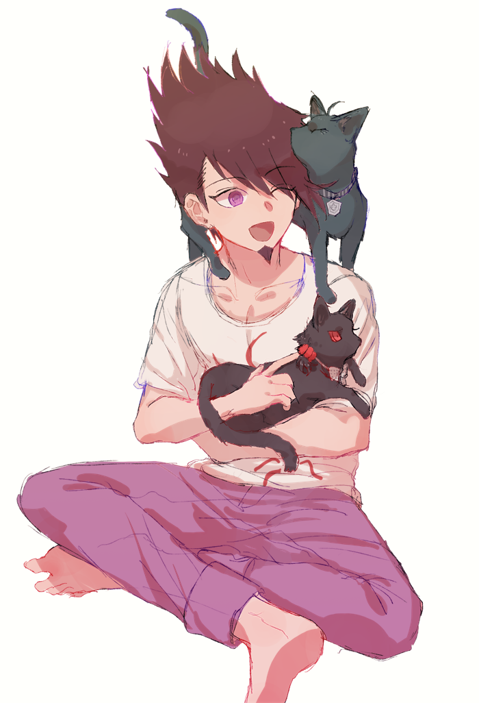 1boy, animal, animal_on_shoulder, animalization, barefoot, black_cat, cat, cat_on_shoulder