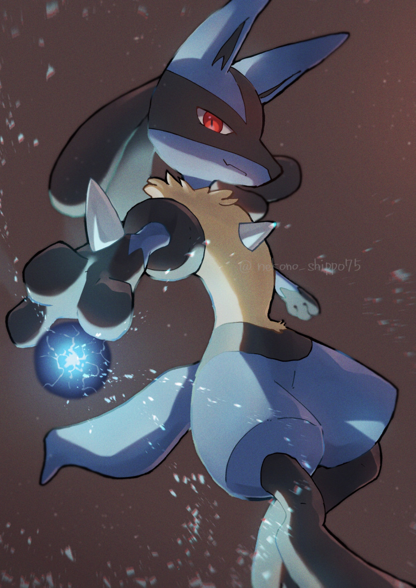 1other, aura_sphere_(pokemon), black_hair, brown_background, closed_mouth, commentary, furry, highres