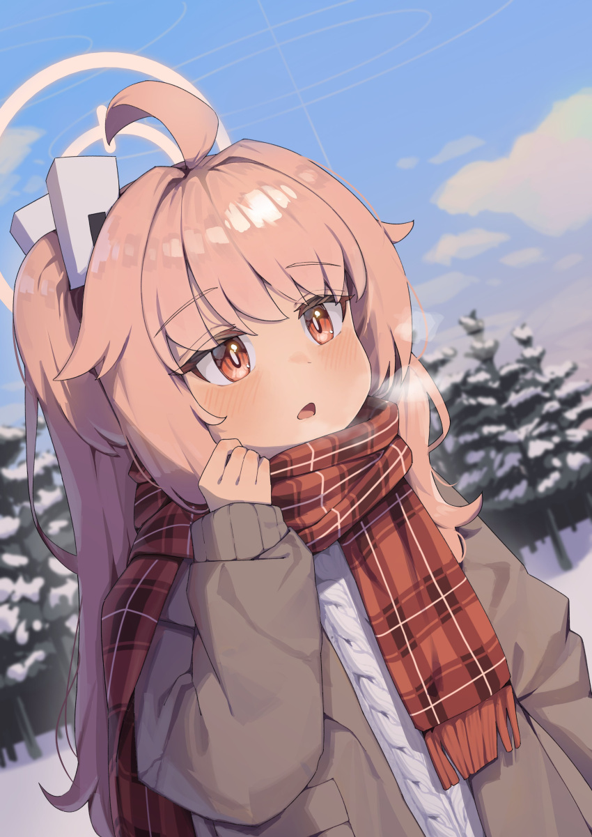 1girl, absurdres, ahoge, alternate_costume, asymmetrical_sidelocks, blue_archive, blue_sky, blush