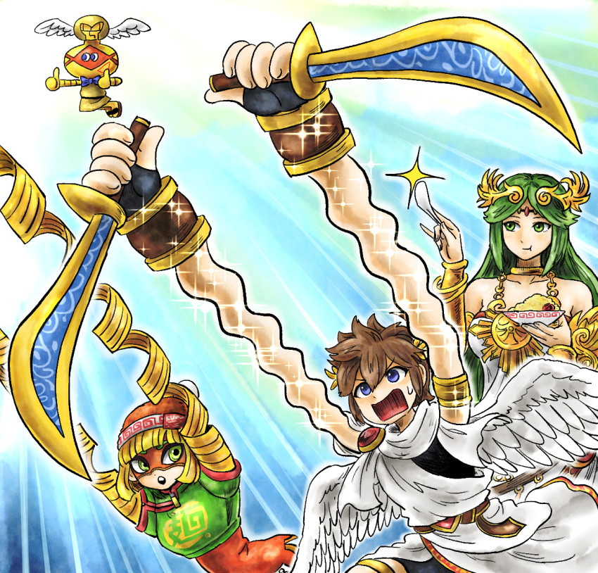 2girls, angel, angel_wings, arms_(game), blonde_hair, blue_eyes, brown_hair, circlet