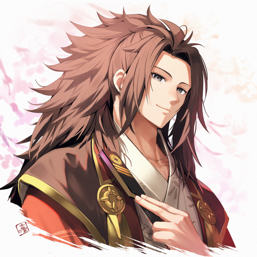 1boy, brown_hair, commentary, cropped_torso, fire_emblem, fire_emblem_fates, fire_emblem_heroes, grey_eyes, hand_fan, highres, holding, holding_fan, japanese_clothes, kimono, long_hair, looking_at_viewer, male_focus, nakabayashi_zun, official_alternate_costume, ryoma_(dancing_samurai)_(fire_emblem), ryoma_(fire_emblem), solo, yukata