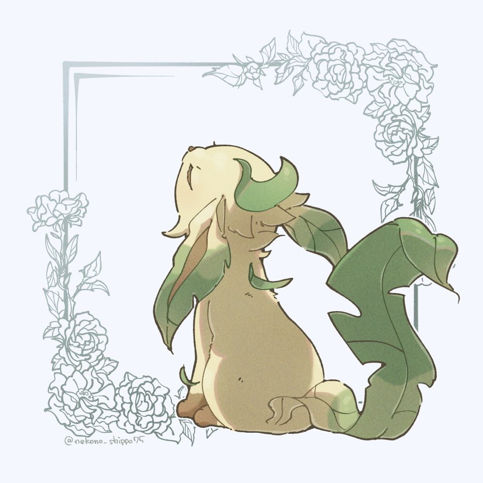 1other, animal_focus, closed_eyes, commentary, full_body, leafeon, looking_up, nako_(nekono_shippo75)