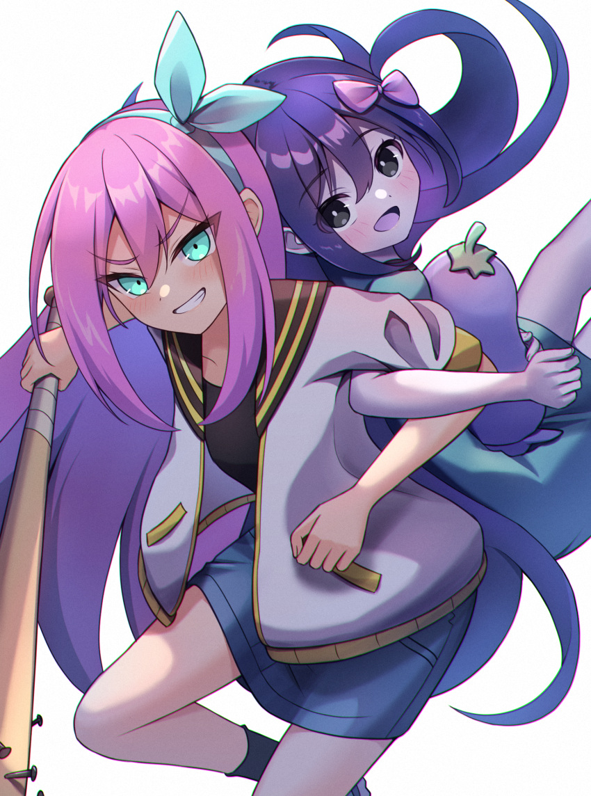 2girls, alternate_eye_color, aubrey_(faraway)_(omori), aubrey_(headspace)_(omori), aubrey_(omori), baseball_bat, black_eyes, blue_eyes