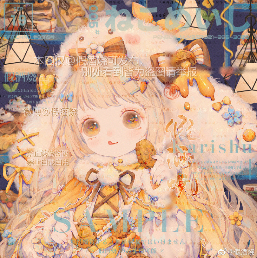 1girl, :d, animal_ear_gloves, animal_ear_headwear, animal_ears, animal_hat, blonde_hair, blue_background, blue_bow, blue_flower, blue_nails, blue_ribbon, bow, brown_bow, brown_ribbon, cake, capelet, carrot_hair_ornament, chinese_commentary, closed_mouth, commentary_request, commission, cookie, cross-laced_clothes, cross-laced_dress, dated, dress, eyelashes, eyeshadow, fake_animal_ears, fingerless_gloves, flower, food, food-themed_hair_ornament, food-themed_hat_ornament, fried_egg, frilled_sleeves, frills, fur_gloves, fur_hat, fur_scarf, gloves, hair_bow, hair_flower, hair_ornament, hairclip, hat, hat_bow, hat_flower, hat_ornament, heart, heart_hair_ornament, heart_hat_ornament, heart_in_eye, holding, holding_cookie, holding_food, honey, ice_cream, indoors, jewelry, jiajiu_shao, lantern, light_blush, lipstick, long_hair, long_sleeves, looking_at_viewer, makeup, mooncake, multicolored_nails, multiple_hat_bows, nail_polish, neck_ribbon, necklace, orange_eyeshadow, original, pom_pom_(clothes), puffy_long_sleeves, puffy_sleeves, rabbit_ears, rabbit_hat, red_lips, ribbon, sample_watermark, scarf, single_stripe, sleeve_ribbon, smile, solo, sprinkles, striped_bow, symbol_in_eye, tareme, tongue, tongue_out, too_many_watermarks, two-tone_bow, upper_body, very_long_hair, watermark, weibo_watermark, white_dress, white_flower, white_gloves, white_scarf, yellow_bow, yellow_capelet, yellow_eyes, yellow_nails