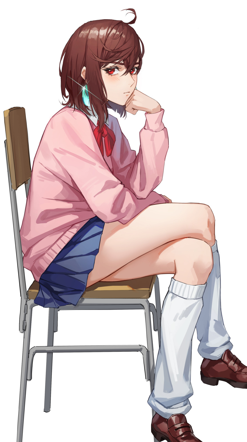1girl, absurdres, ayase_momo, blue_skirt, bow, brown_footwear, brown_hair, chair
