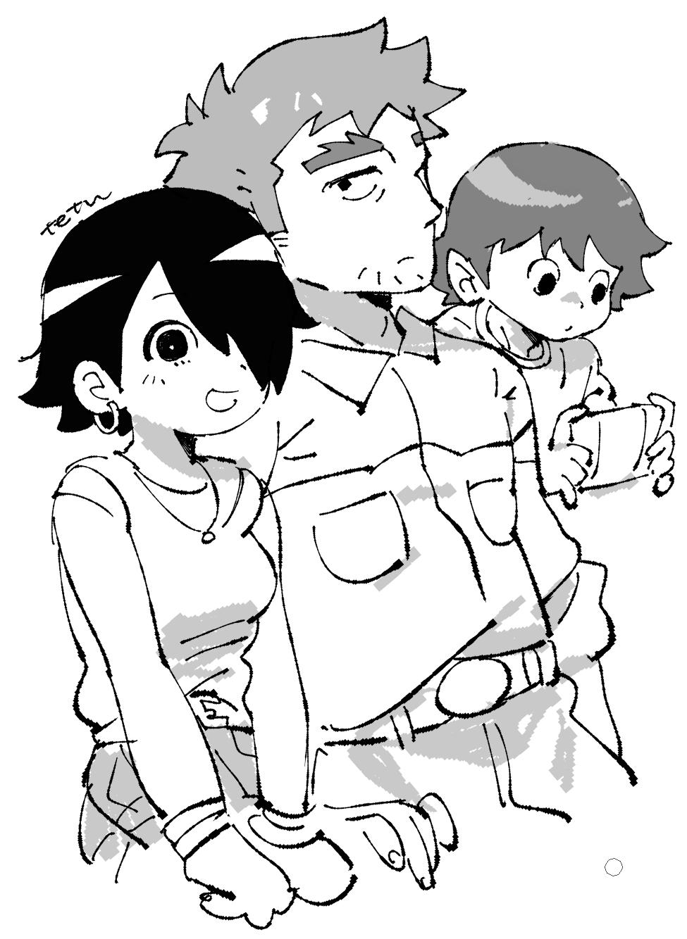1girl, 2boys, belt, black_eyes, black_hair, earrings, expressionless, game_console