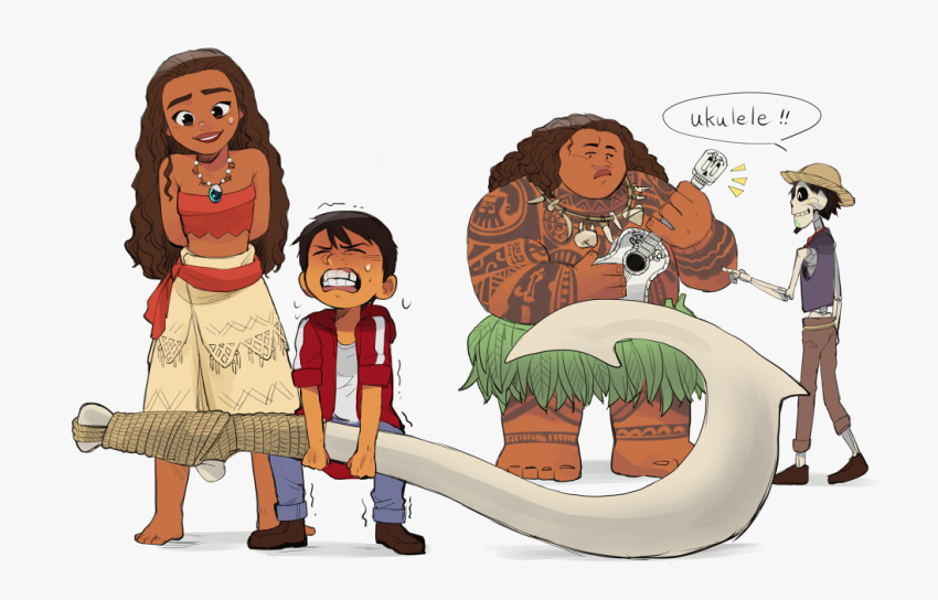 1girl, 3boys, arm_tattoo, blue_pants, brown_hair, brown_pants, chest_tattoo, closed_eyes
