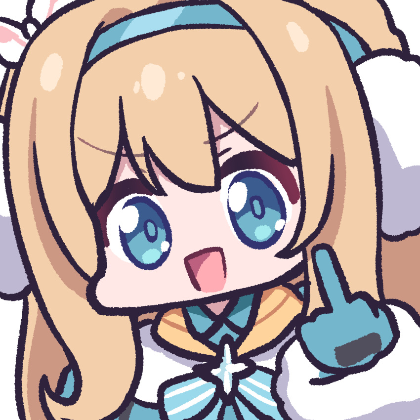 1girl, blue_eyes, blush, brown_hair, earmuffs, girls'_frontline_2:_exilium, girls_frontline, gloves, hair_between_eyes, hair_ornament, hairband, highres, long_hair, looking_at_viewer, middle_finger, open_mouth, panatisia, photo-referenced, portrait, ribbon, solo, suomi_(girls'_frontline), winter_clothes