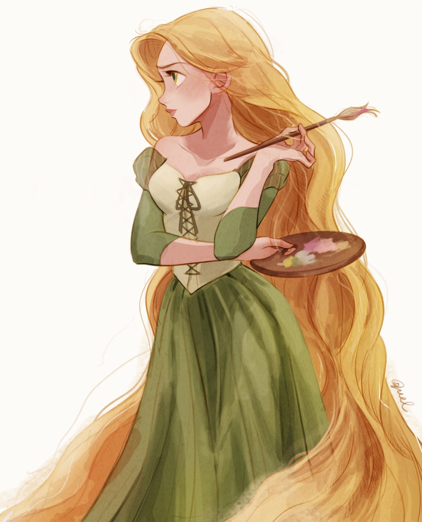 1girl, blonde_hair, breasts, dress, green_dress, green_eyes, highres, holding