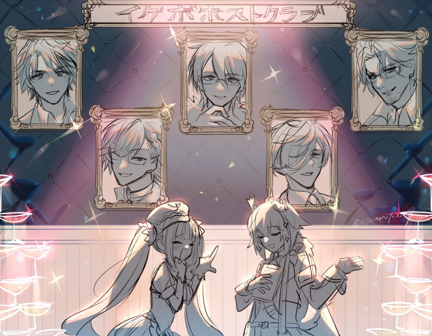 2girls, :d, ^_^, belmond_banderas, blush, champagne_tower, character_request, check_character
