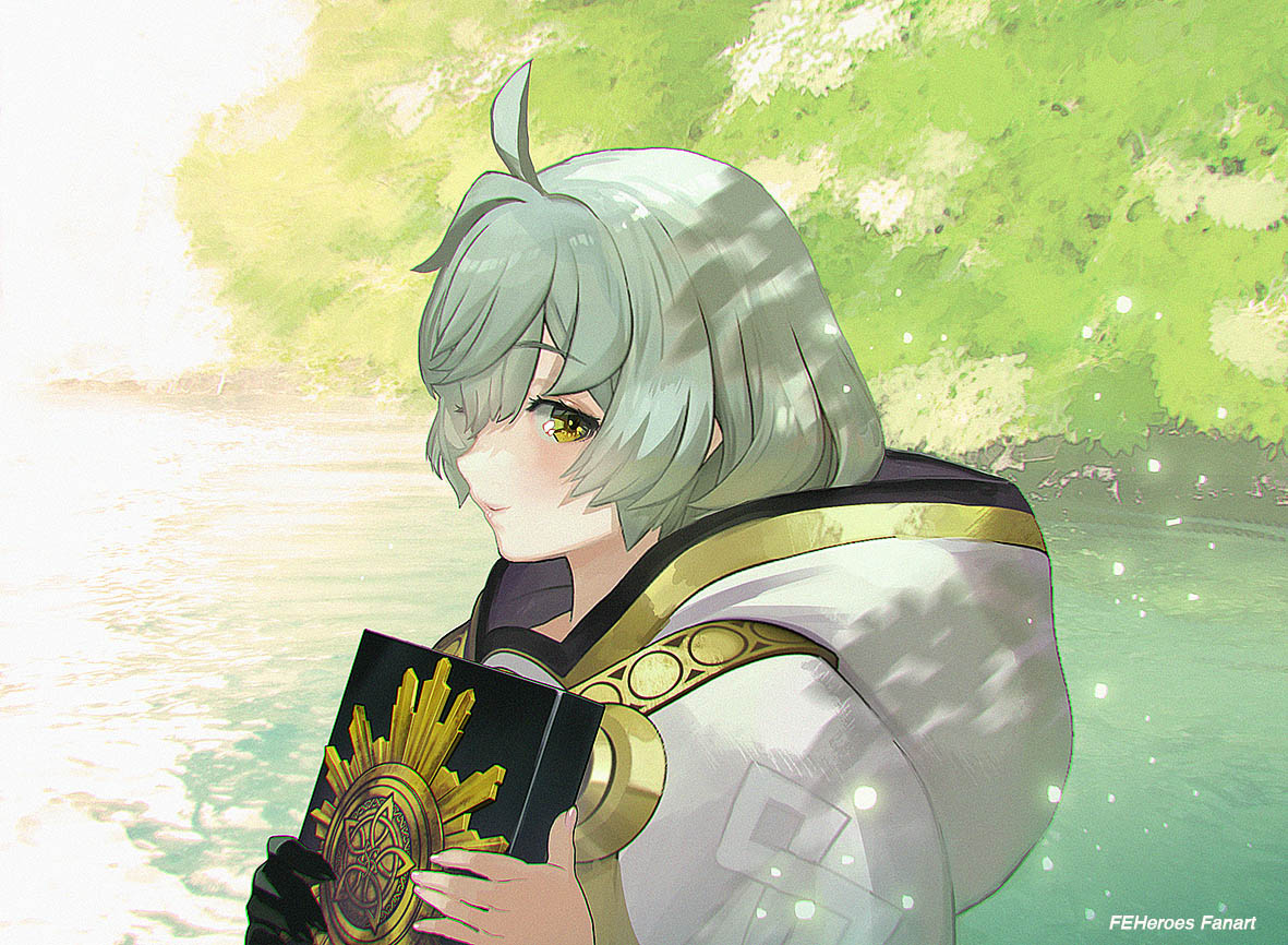 1boy, commentary_request, fire_emblem, fire_emblem_heroes, foliage, green_hair, holding, holding_stone_tablet, hood, hood_down, looking_at_viewer, maeshima_shigeki, male_focus, official_art, rune_(fire_emblem), solo, stone_tablet, upper_body, yellow_eyes