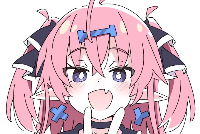 1girl, :d, ahoge, blush, bright_pupils, commentary_request, fang, hair_between_eyes