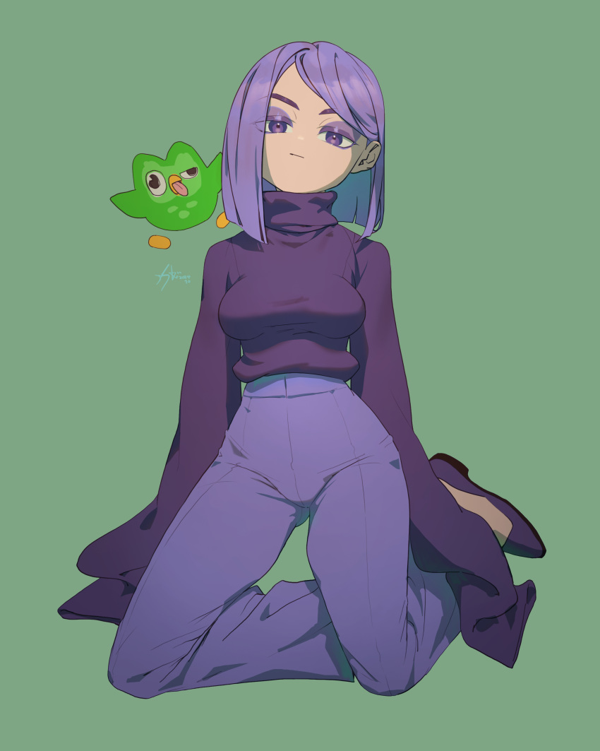 1girl, absurdres, bird, duo_(duolingo), duolingo, eyeshadow, green_background, highres, iskimxk, lily_(duolingo), makeup, owl, pants, purple_eyeshadow, purple_hair, purple_pants, purple_sweater, sleeves_past_fingers, sleeves_past_wrists, sweater, turtleneck, turtleneck_sweater, violet_eyes