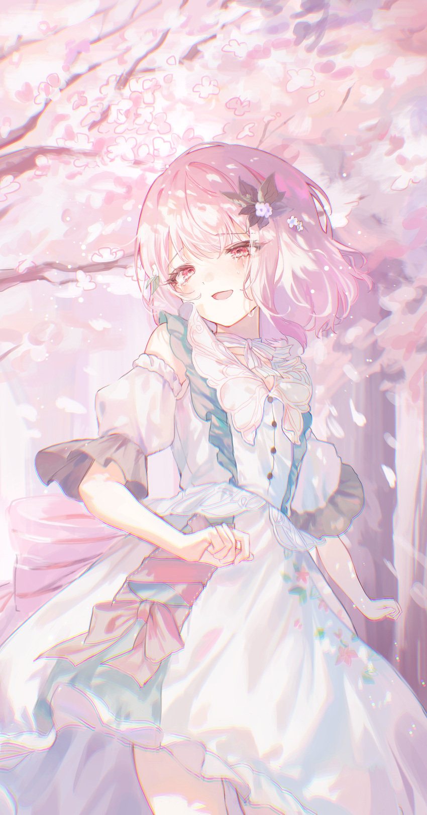 1other, absurdres, akiyama_mizuki, black_bow, bow, cherry_blossoms, commentary, cowboy_shot