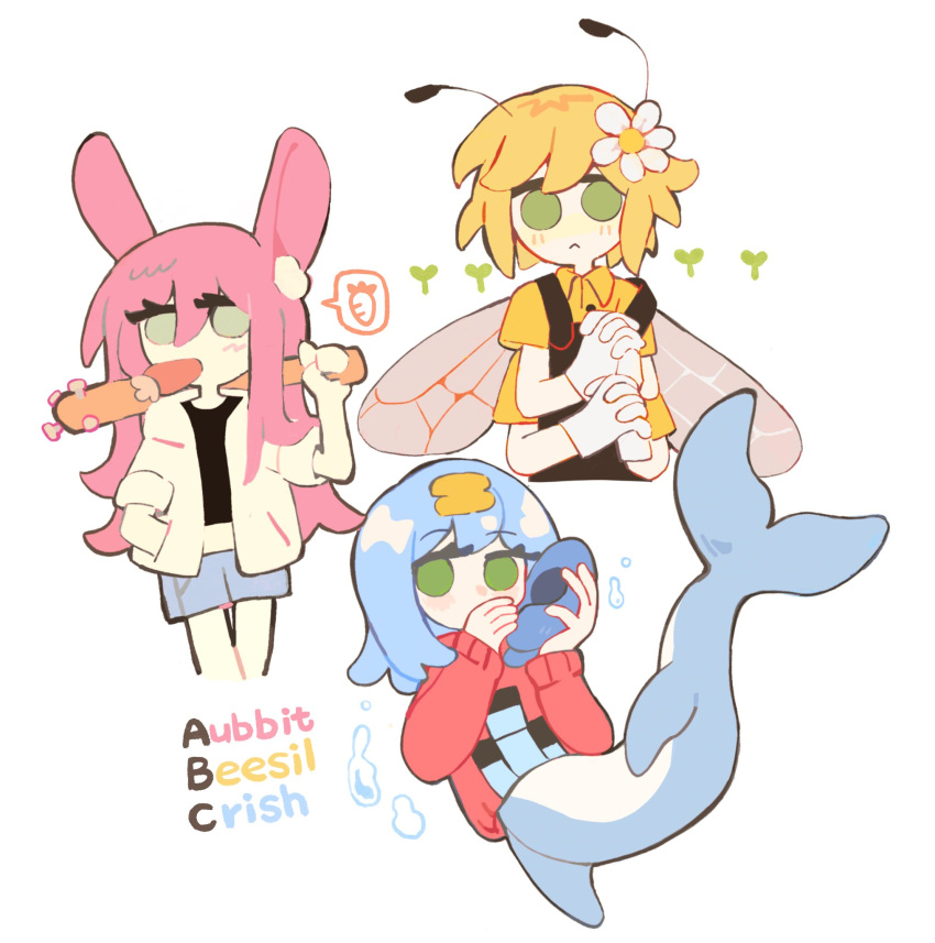 1boy, 2girls, :<, animal_ear_fluff, animal_ears, antennae, artistic_error, aubrey_(faraway)_(omori)