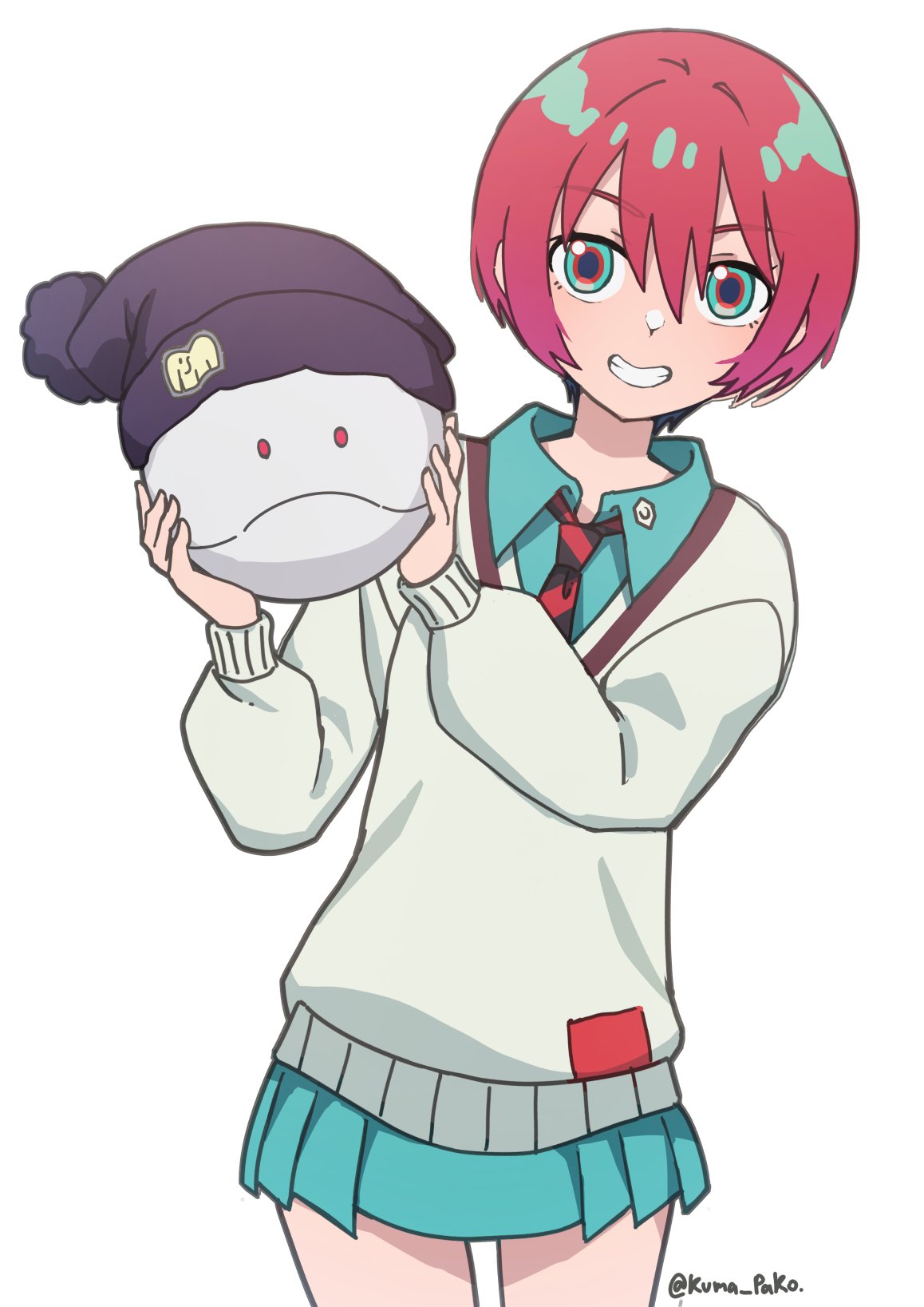 1girl, amate_yuzuriha, aqua_eyes, green_eyes, gundam, gundam_gquuuuuux, haro, hat, highres, holding, kumapako, long_sleeves, looking_at_viewer, mecha, miniskirt, redhead, robot, science_fiction, short_hair, skirt, smile, sweater, white_background