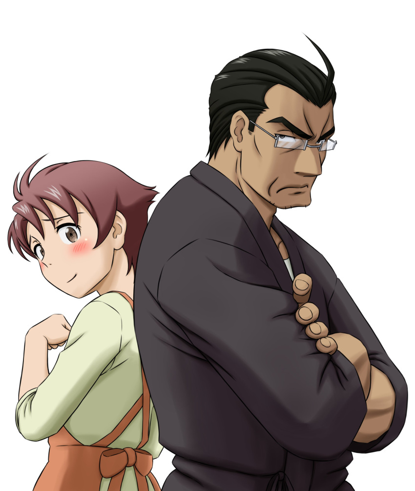 1boy, 1girl, absurdres, apron, back-to-back, black_eyes, black_hair, black_robe