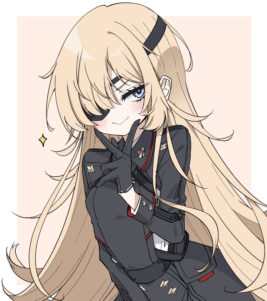 1girl, absurdres, black_dress, black_gloves, blonde_hair, blue_eyes, blush, dress