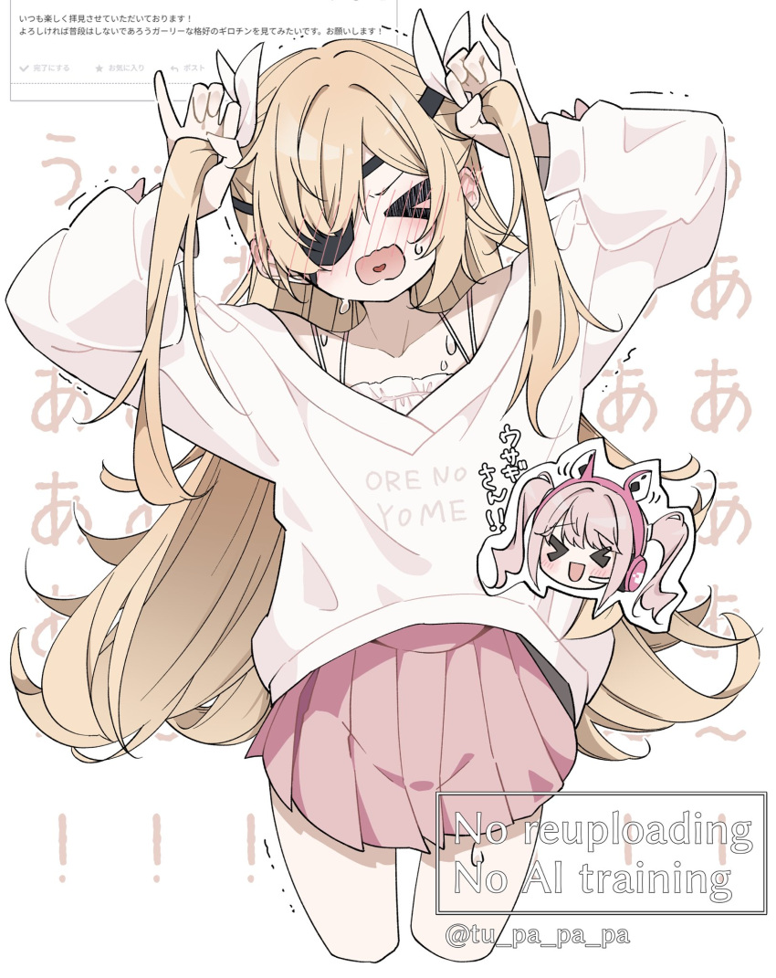 >_<, 2girls, alice_(nikke), blonde_hair, blush, bow, closed_eyes, eyepatch