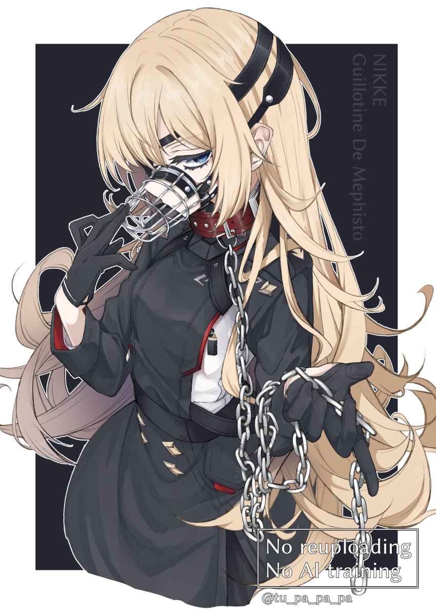 1girl, blonde_hair, blue_eyes, chain, closed_mouth, dress, eyepatch, gloves