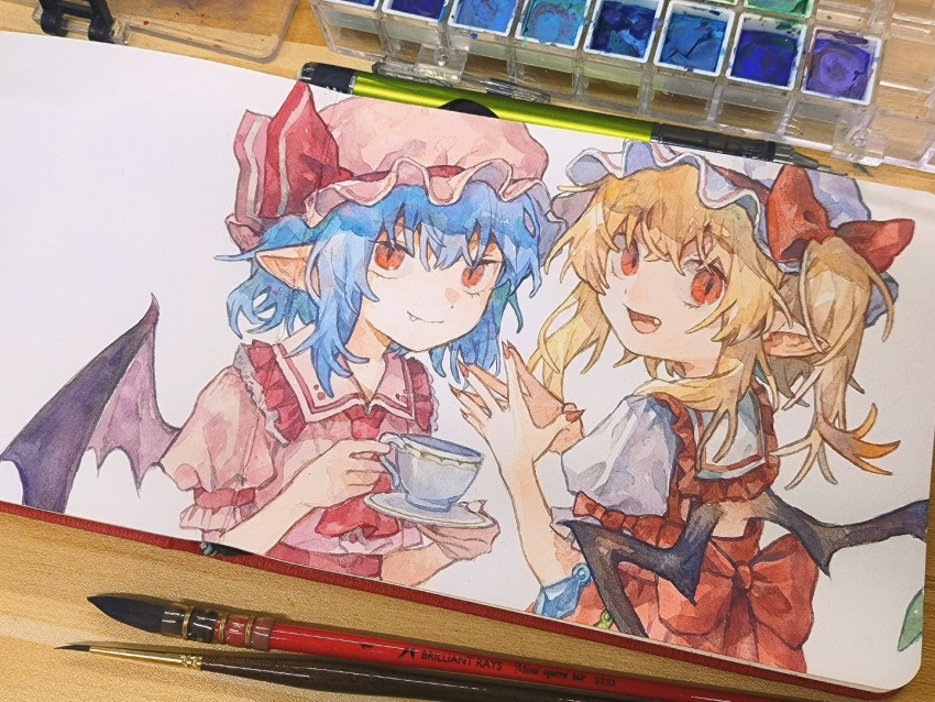 2girls, art_tools_in_frame, ascot, back_bow, back_cutout, bare_arms, bat_wings, black_wings