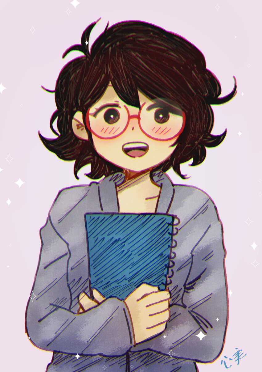 1girl, :d, absurdres, antenna_hair, bad_id, bad_twitter_id, black_eyes, black_hair