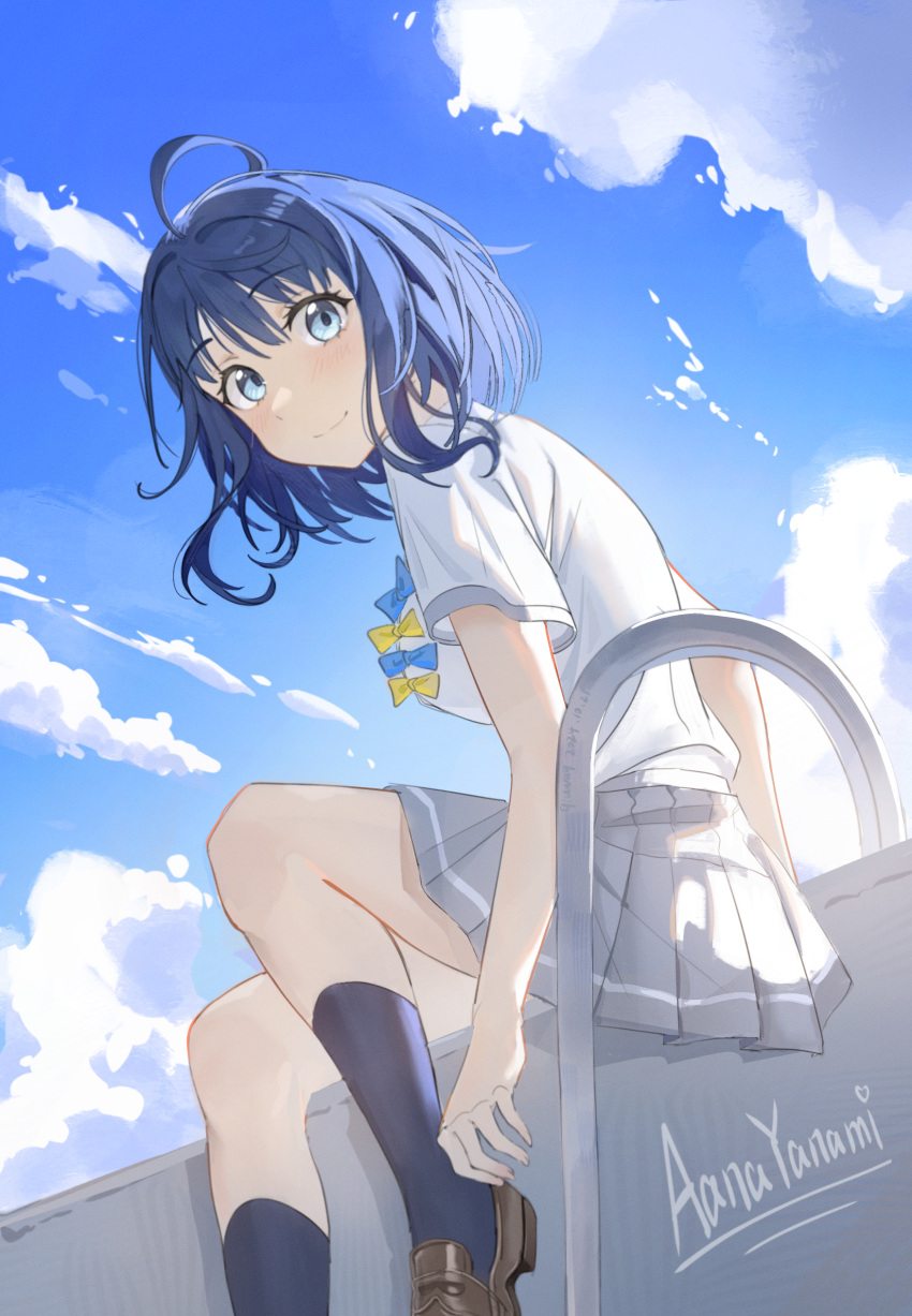 1girl, absurdres, adjusting_footwear, ahoge, artist_name, blue_bow, blue_bowtie, blue_eyes