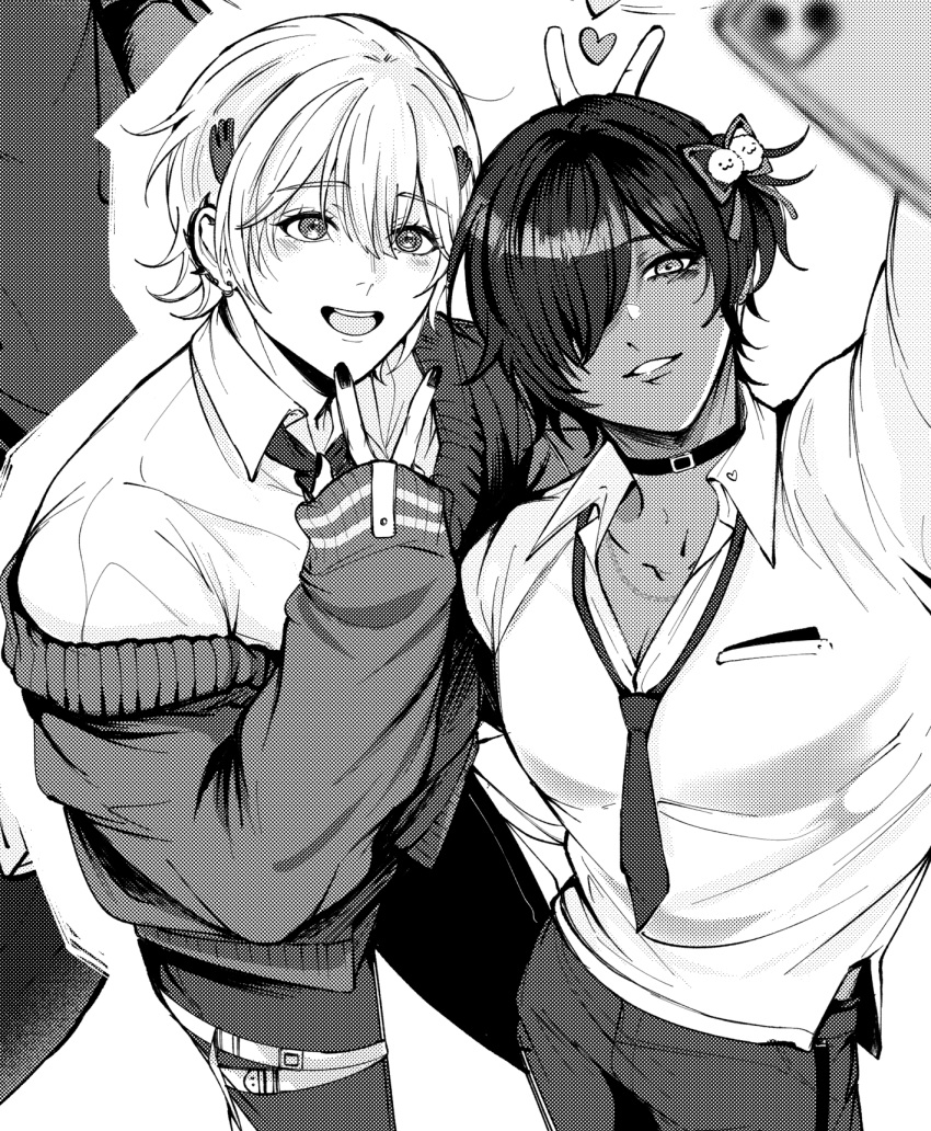2boys, dimjh, double_v, earrings, excited, genderswap, genderswap_(ftm), goddess_of_victory:_nikke, greyscale, hair_ornament, happy, highres, jewelry, monochrome, multiple_boys, naga_(nikke), necktie, pants, shirt, short_hair, smile, sweater, taking_picture, tia_(nikke), v, white_shirt