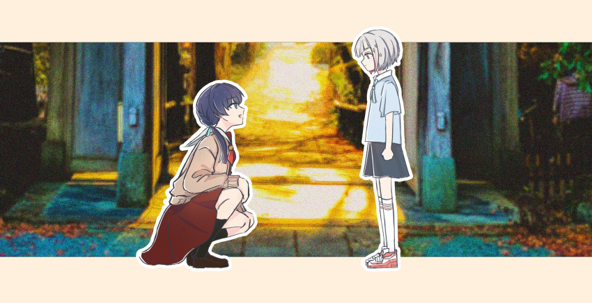 2girls, :d, absurdres, aged_down, black_shorts, blue_eyes, blue_hair, blue_ribbon, blue_shirt, blurry, blurry_background, bob_cut, brown_cardigan, brown_dress, cardigan, closed_mouth, colored_inner_hair, dark_blue_hair, diagonal_bangs, dress, flower, full_body, grey_hair, hair_ornament, hair_ribbon, hand_on_own_knee, hasu_no_sora_school_uniform, highres, inverted_bob, kneehighs, letterboxed, link!_like!_love_live!, long_hair, long_sleeves, looking_at_another, love_live!, low_twintails, medium_dress, multicolored_hair, multiple_girls, murano_sayaka, neckerchief, open_cardigan, open_clothes, open_mouth, outline, outside_border, paper_texture, pink_eyes, pink_flower, pleated_dress, profile, rai_(kn51ll), red_neckerchief, redhead, ribbon, sailor_collar, sailor_dress, school_uniform, shirt, shoes, short_hair, short_sleeves, shorts, smile, socks, squatting, standing, star_(symbol), star_hair_ornament, streaked_hair, twintails, virtual_youtuber, white_outline, white_sailor_collar, white_socks, winter_uniform, yugiri_tsuzuri