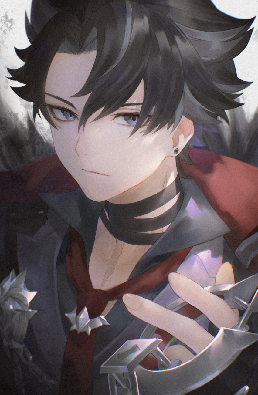 1boy, bandaged_neck, bandages, black_hair, black_shirt, blue_eyes, closed_mouth, coat, coat_on_shoulders, collared_shirt, cuffs, earrings, fingernails, fur-trimmed_coat, fur_trim, genshin_impact, grey_hair, hair_tuft, highres, holding_cuffs, jewelry, looking_at_viewer, male_focus, multicolored_hair, necktie, red_coat, red_necktie, shirt, short_hair, solo, streaked_hair, stud_earrings, wriothesley_(genshin_impact), wrist_cuffs, yct_(yoct_o)