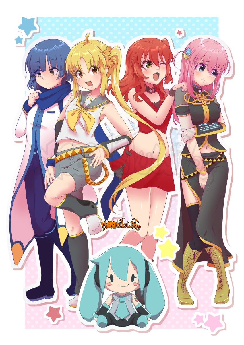 5girls, absurdres, blush, bocchi_the_rock!, cosplay, crop_top, crossover, cube_hair_ornament