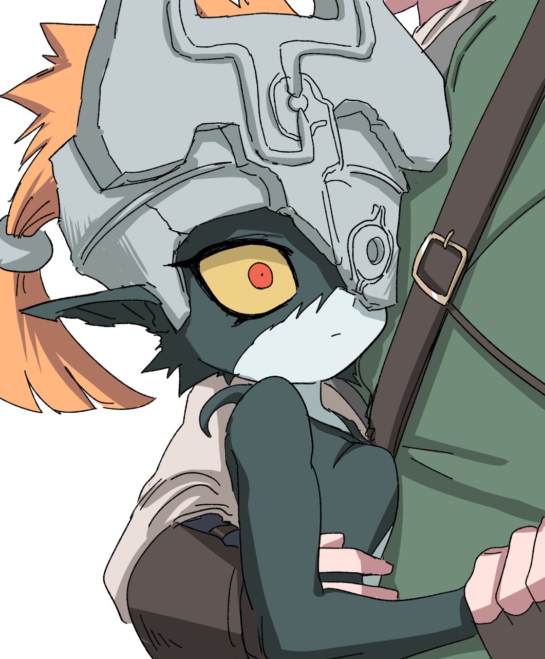 1boy, 1girl, :|, black_skin, closed_mouth, colored_sclera, colored_skin, helmet