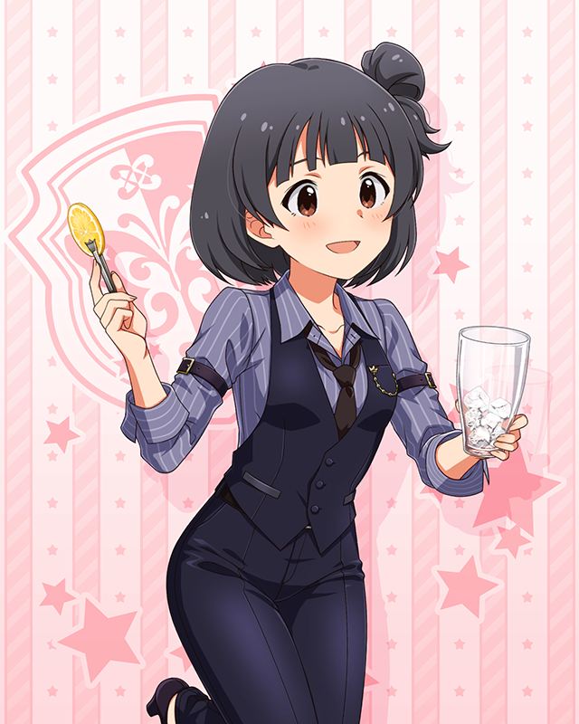 1girl, :d, arm_strap, bartender, belt, black_belt, black_footwear, black_hair