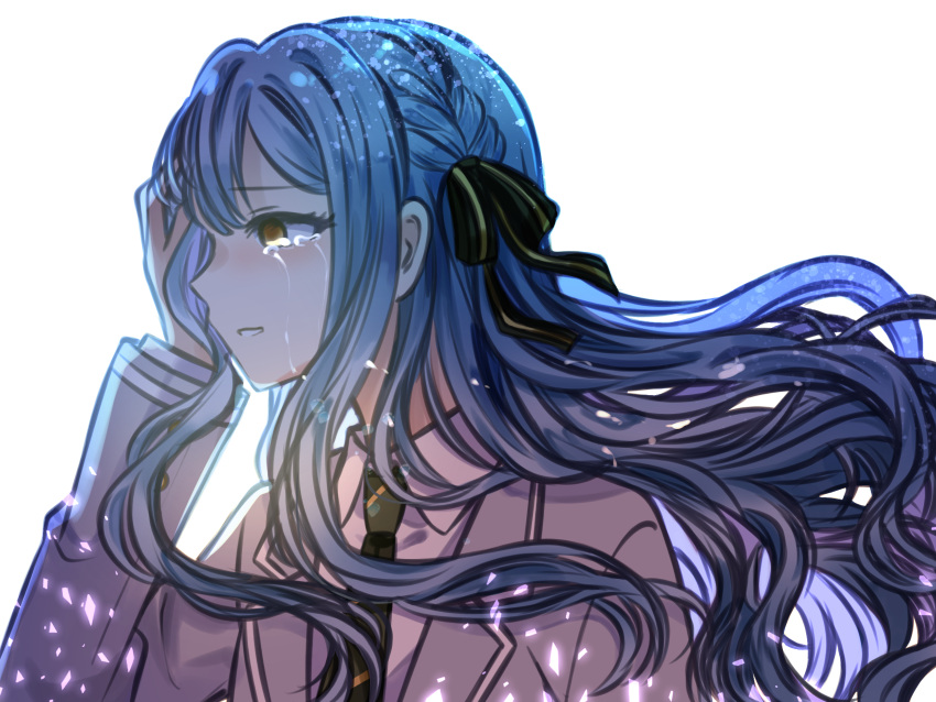 1girl, bang_dream!, bang_dream!_it's_mygo!!!!!, braid, collared_shirt, commentary, crying, crying_with_eyes_open, diagonal-striped_clothes, diagonal-striped_necktie, floating_hair, green_necktie, green_ribbon, grey_jacket, hair_ribbon, hand_on_own_chest, haneoka_school_uniform, highres, jacket, long_hair, long_sleeves, necktie, ribbon, school_uniform, seine_(hanamukes), shirt, simple_background, solo, striped_clothes, tears, togawa_sakiko, white_background, white_shirt, yellow_eyes