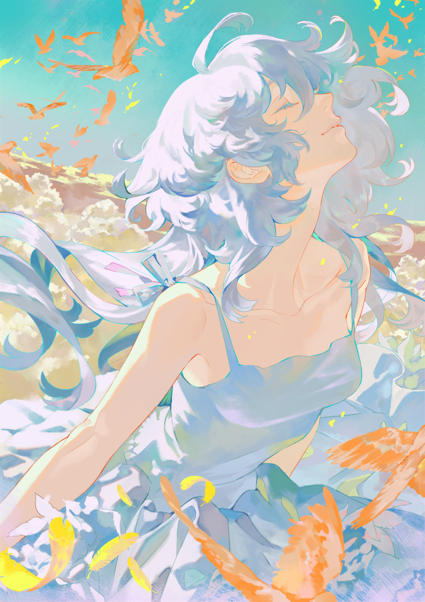 1girl, 2_go00, absurdres, arms_at_sides, bare_shoulders, bird, closed_eyes, closed_mouth